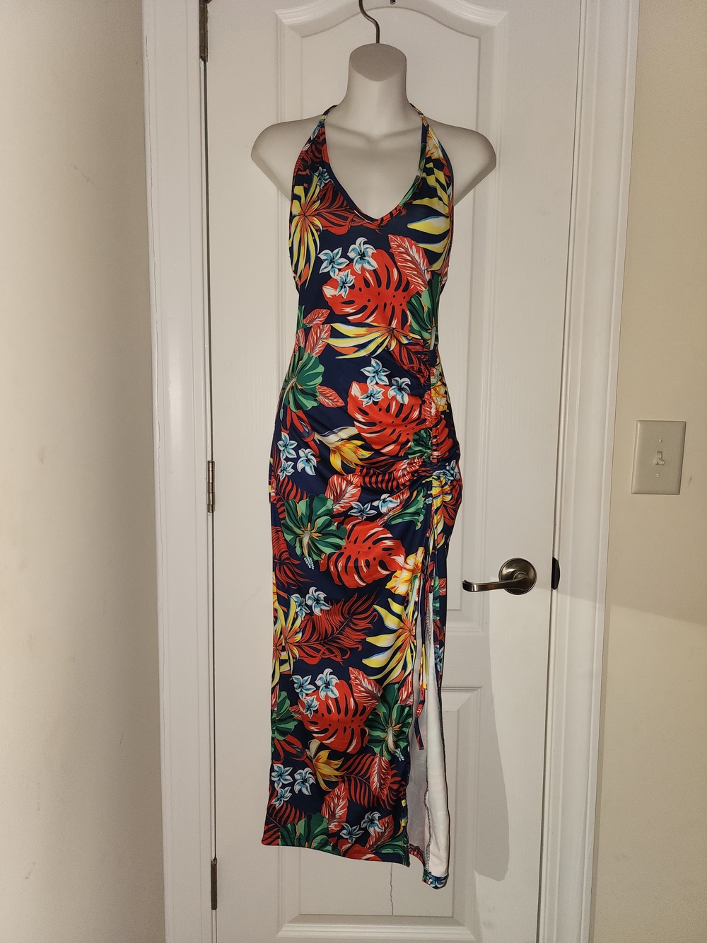Tropical Halter Maxi Dress in Navy with Multicolor Floral Print